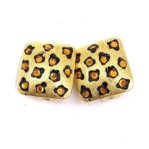 Vintage Ivana Earrings Gold Rhinestone Cheetah Black Enamel Clip On